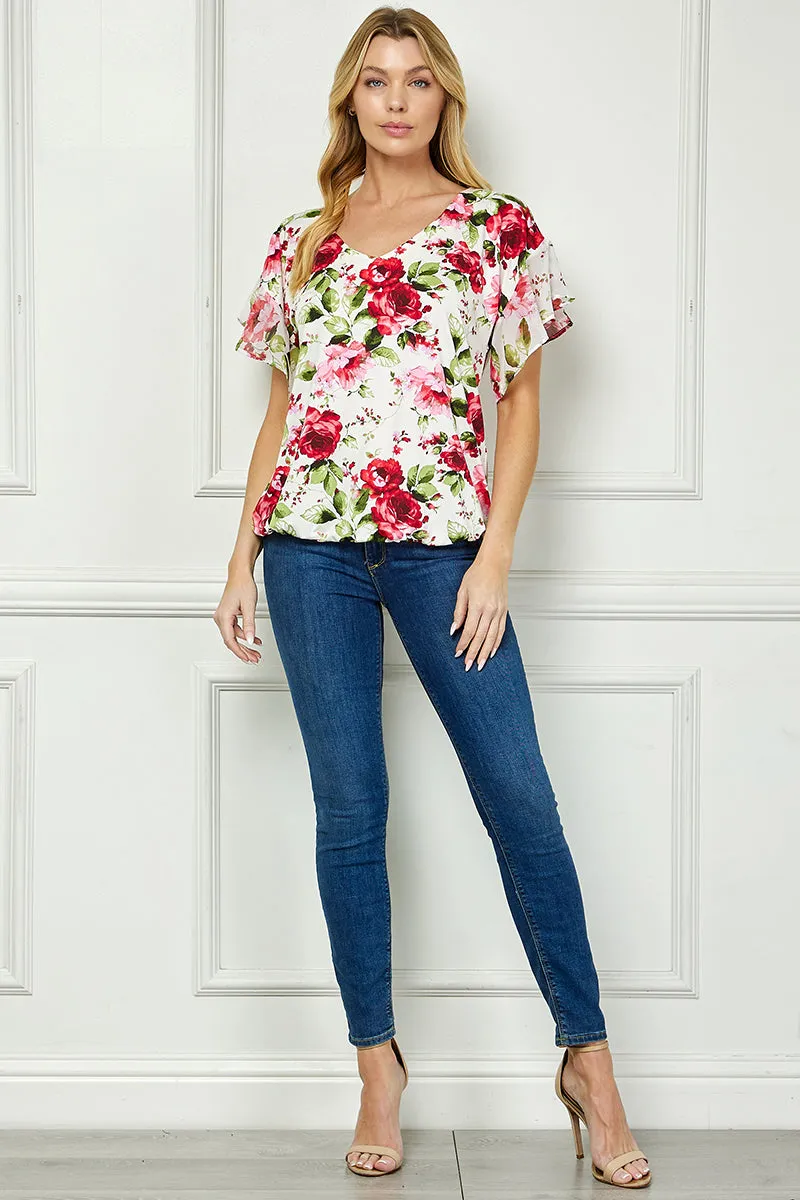 Ruffle Cold Shoulder V-Neck Blouse - Ivory/Red sold by Dress Barn