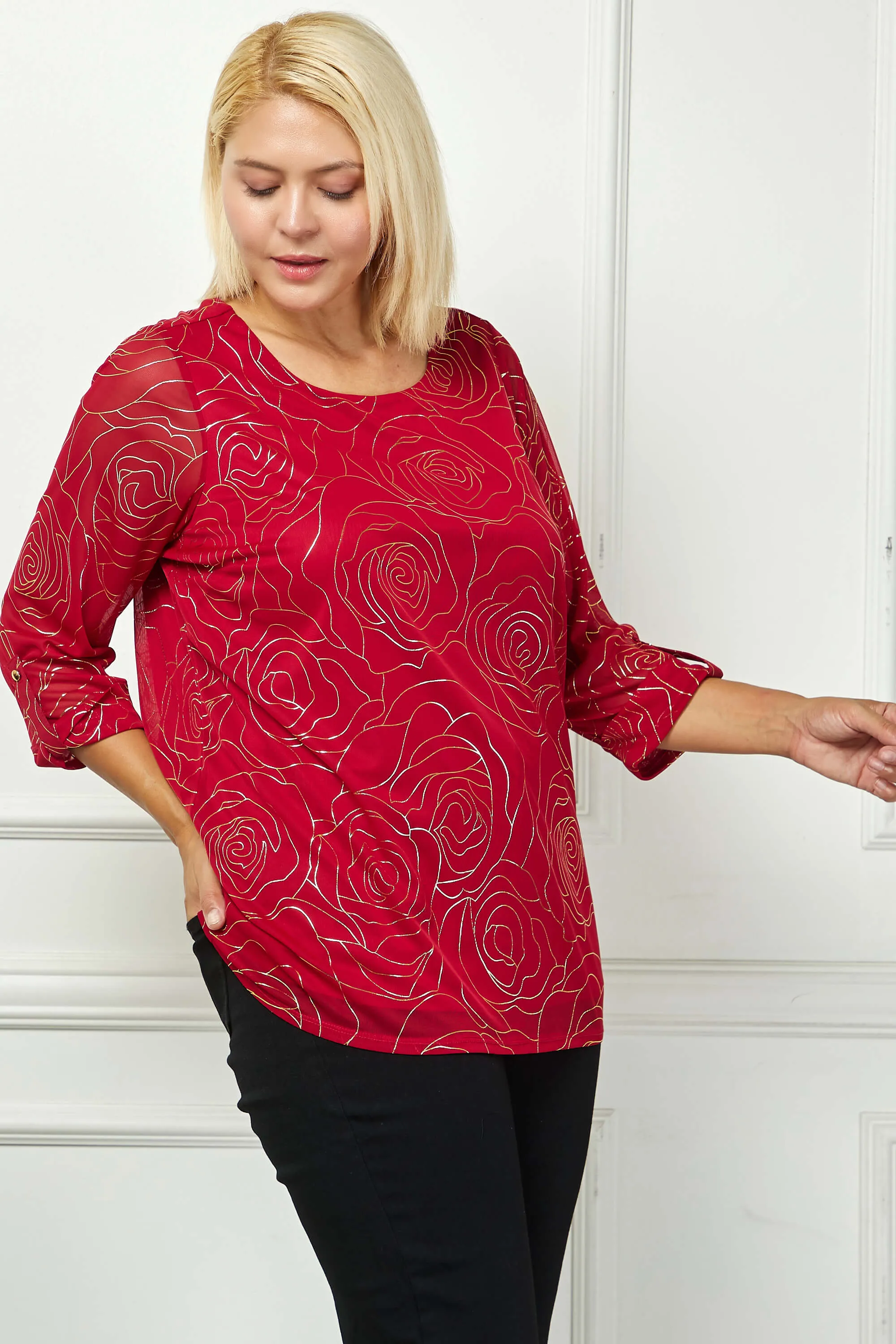 3/4 Button Tab Sleeve Scoop Neck Foil Blouse in Red - Plus sold by Dress Barn product image thumbnail 3