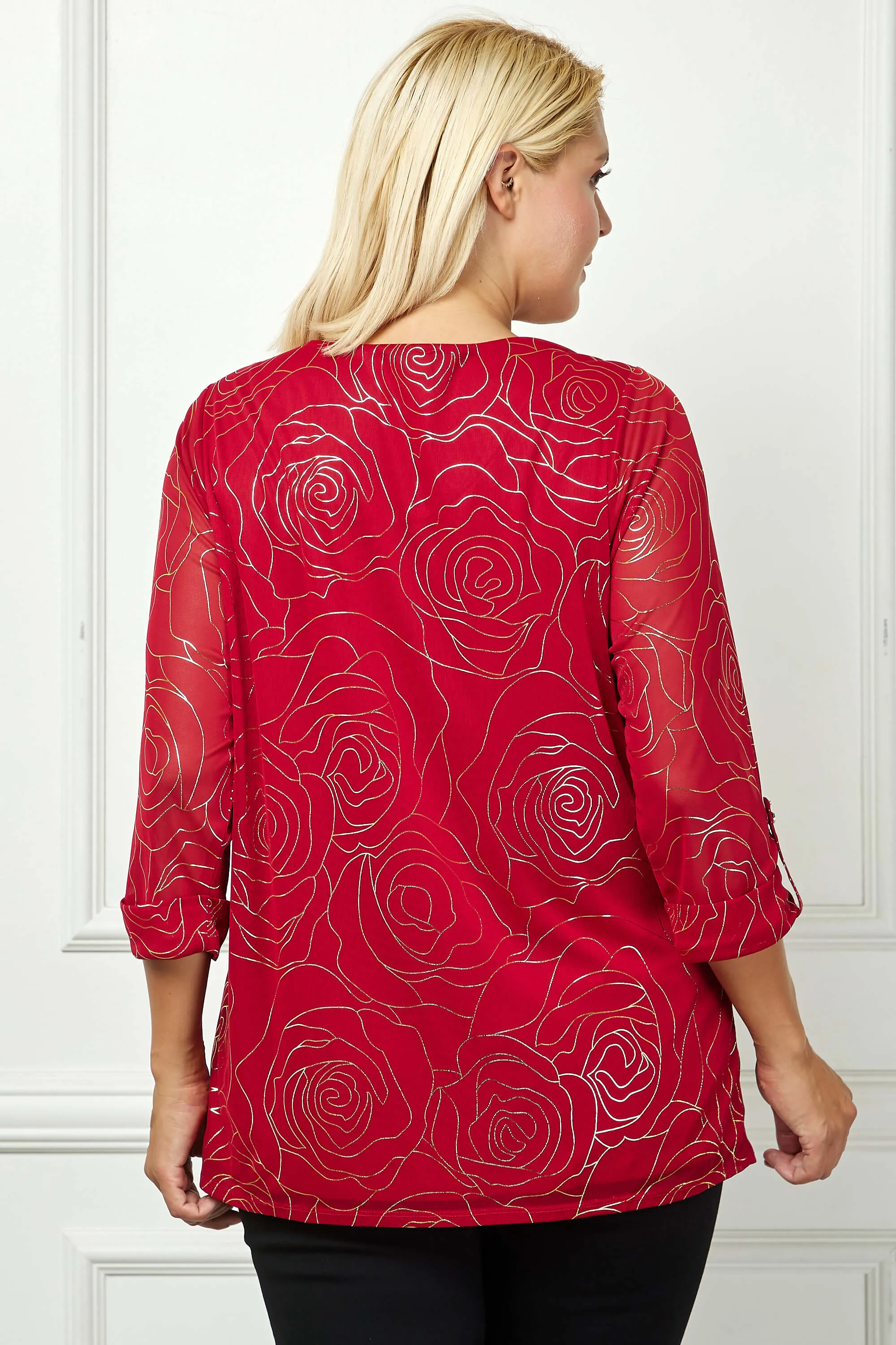 3/4 Button Tab Sleeve Scoop Neck Foil Blouse in Red - Plus sold by Dress Barn product image thumbnail 4