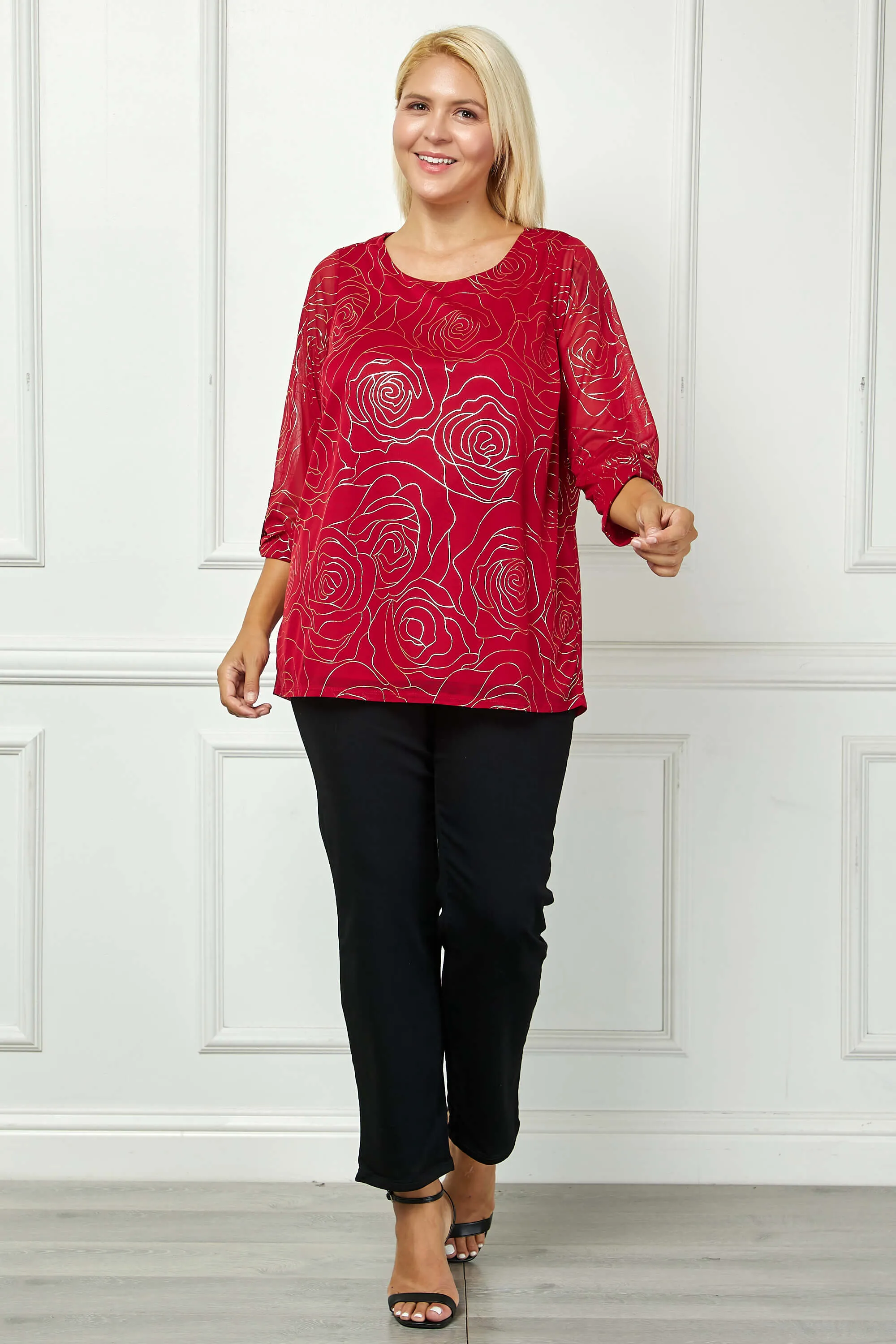 3/4 Button Tab Sleeve Scoop Neck Foil Blouse in Red - Plus sold by Dress Barn product image thumbnail 2