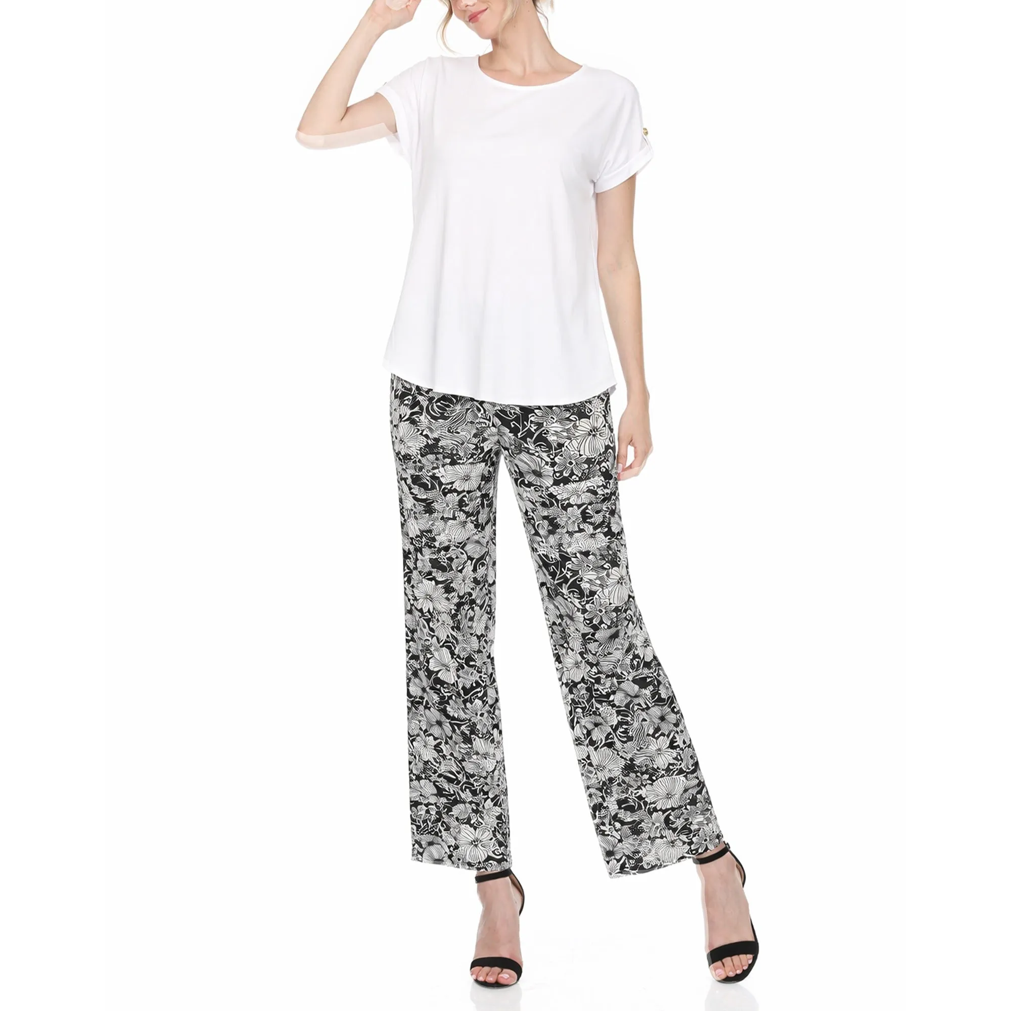 Women's Folded Sleeve Top and Printed Pant Two-Piece Set sold by Dress Barn