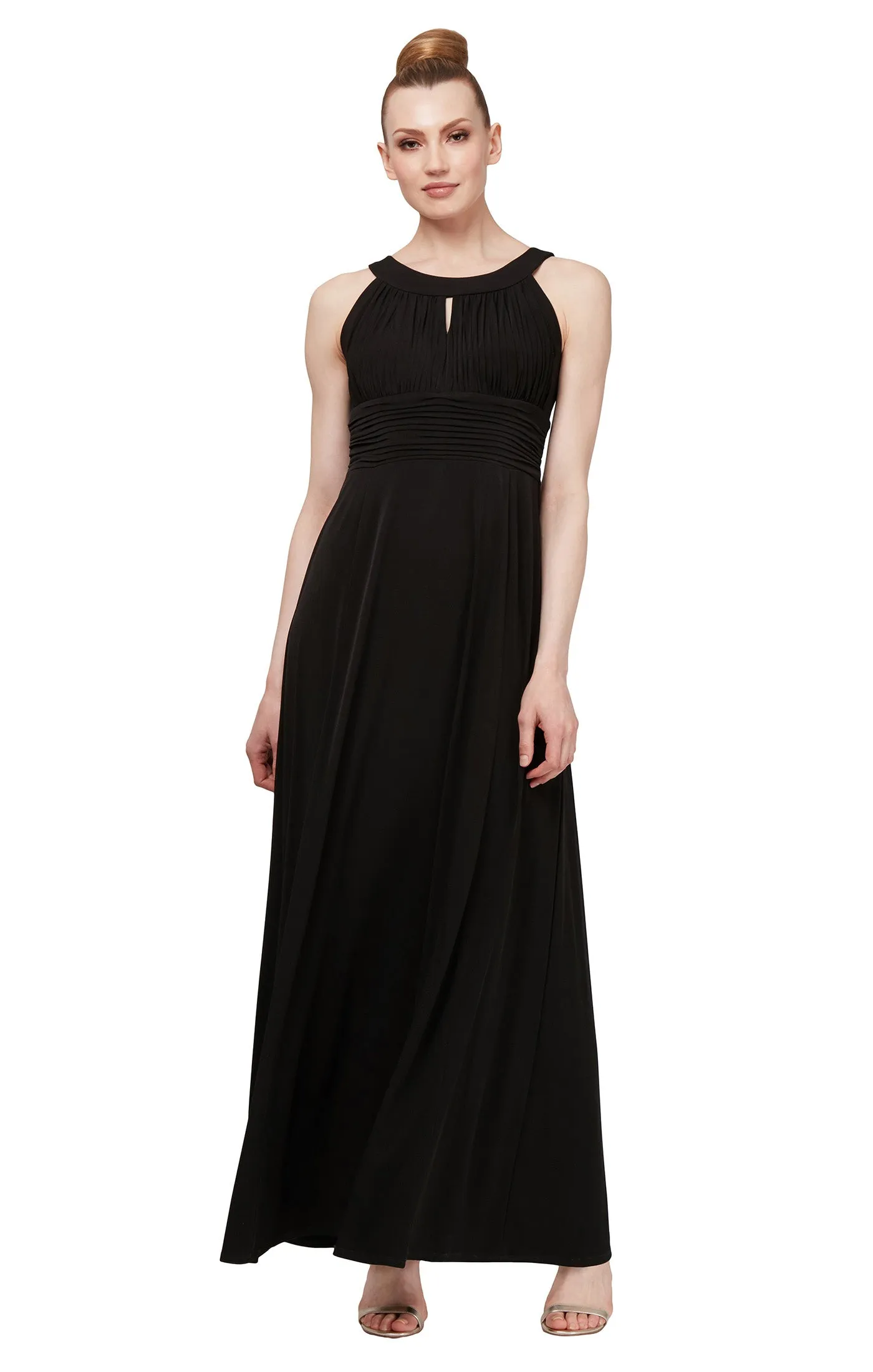 Keyhole Halter Style Gown with Ruched Waist - Black sold by Dress Barn