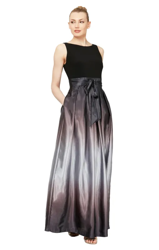 Sleeveless Gown with Satin Ombre Skirt & Tie Belt - Black Silver made by Dress Barn