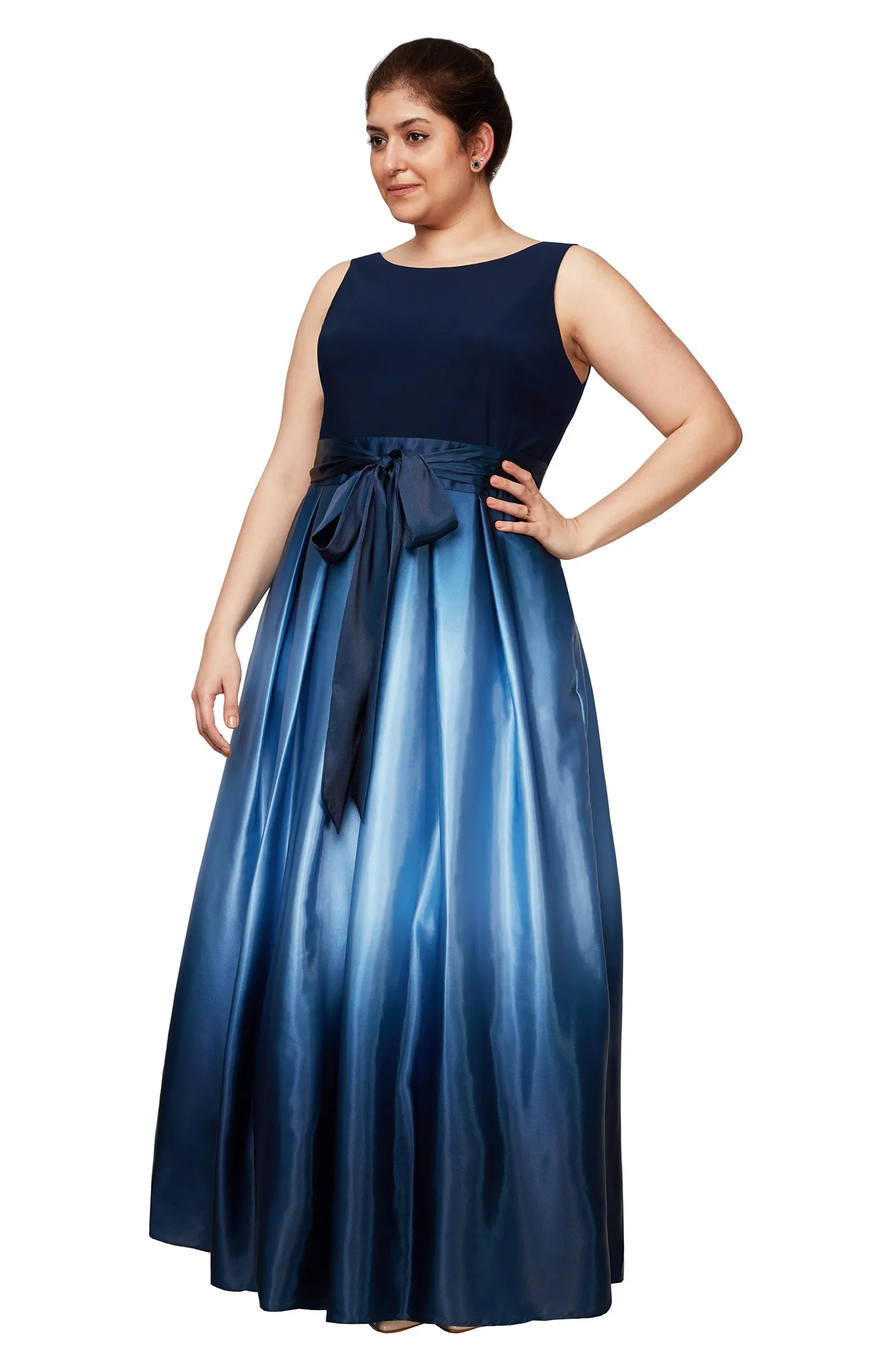 Sleeveless Gown with Satin Ombre Skirt & Tie Belt - Nvy - Plus sold by Dress Barn