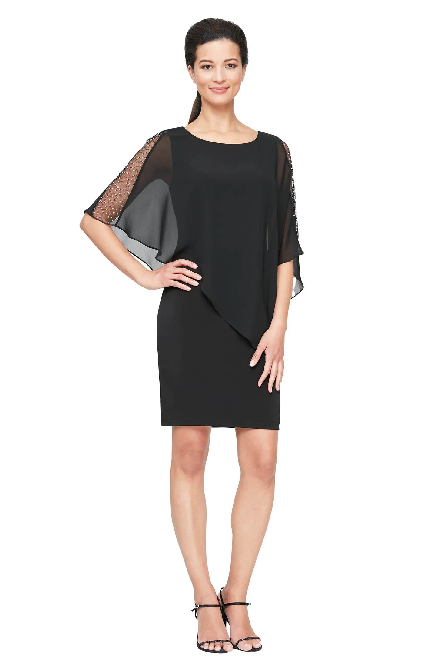Jersey Sheath Dress with Asymmetric Chiffon Capelet - Black sold by Dress Barn