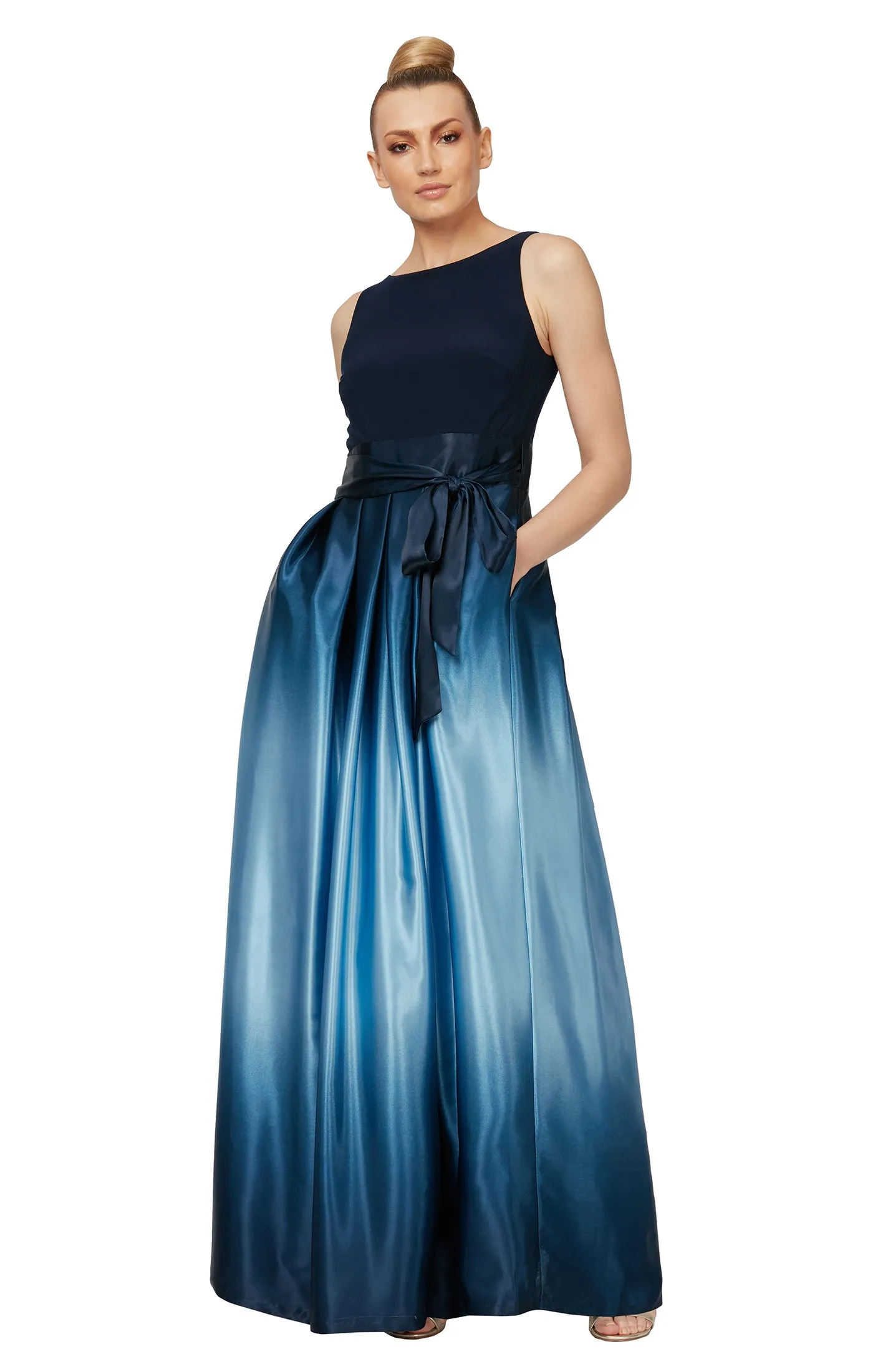 Sleeveless Gown with Satin Ombre Skirt & Tie Belt - Navy sold by Dress Barn