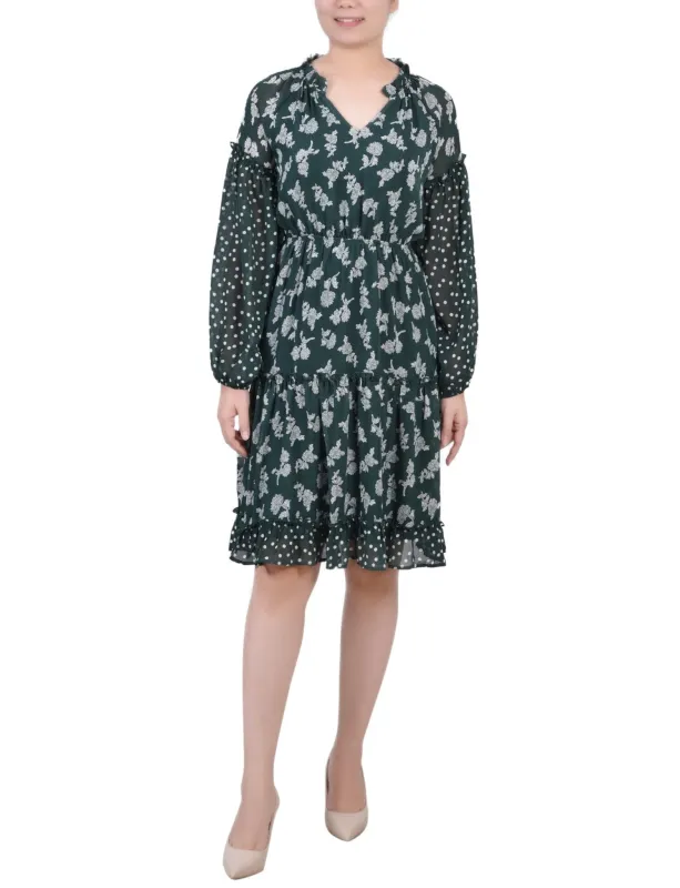 Botanical Garden Floral Dot Long Sleeve Combo Chiffon Dress - Petite made by Dress Barn