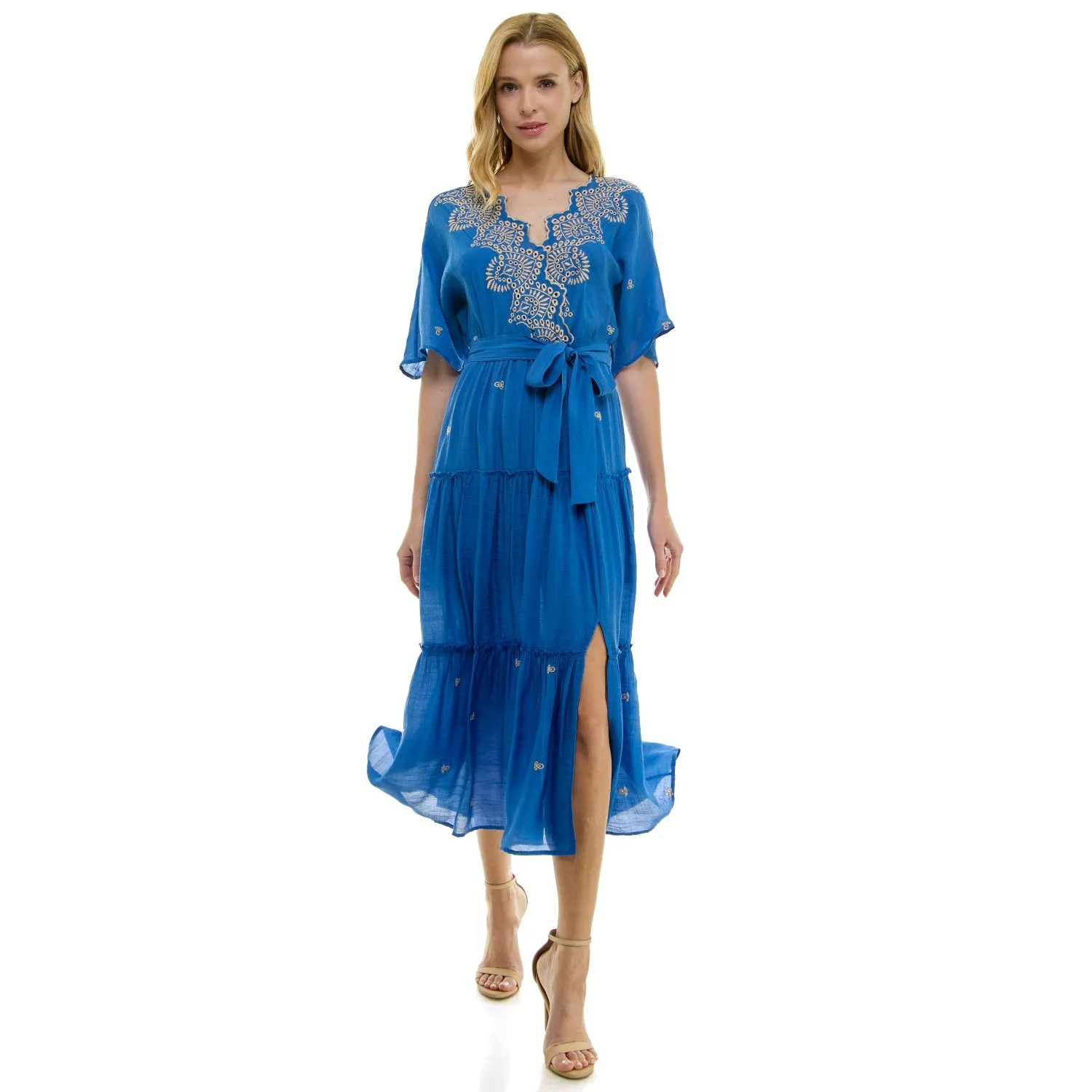 3/4 Sleeve Wrap Style Dress With Scallop Embroidered Neck sold by Dress Barn