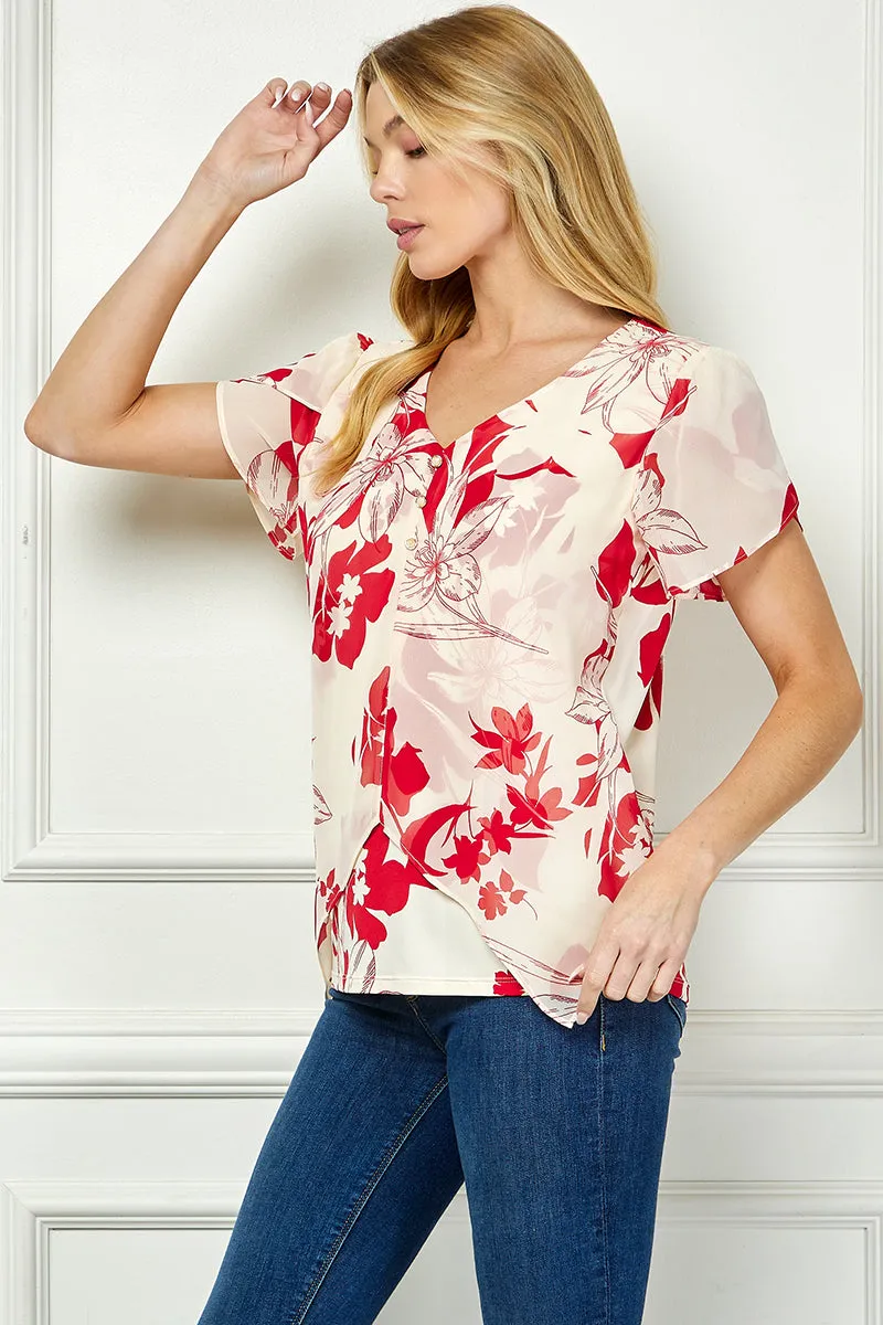 Tulip Sleeve V-Neck Layered Front Blouse in Red/Cream sold by Dress Barn product image thumbnail 3