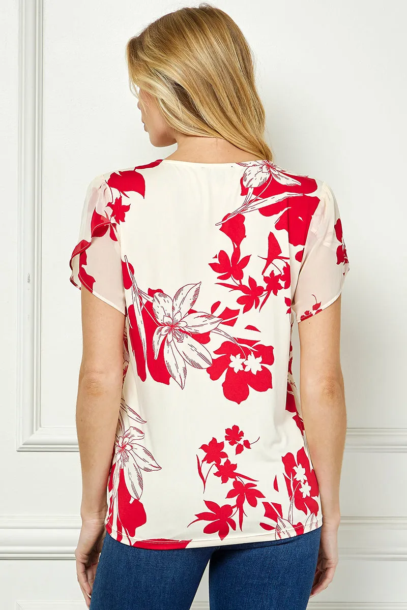 Tulip Sleeve V-Neck Layered Front Blouse in Red/Cream sold by Dress Barn product image thumbnail 4