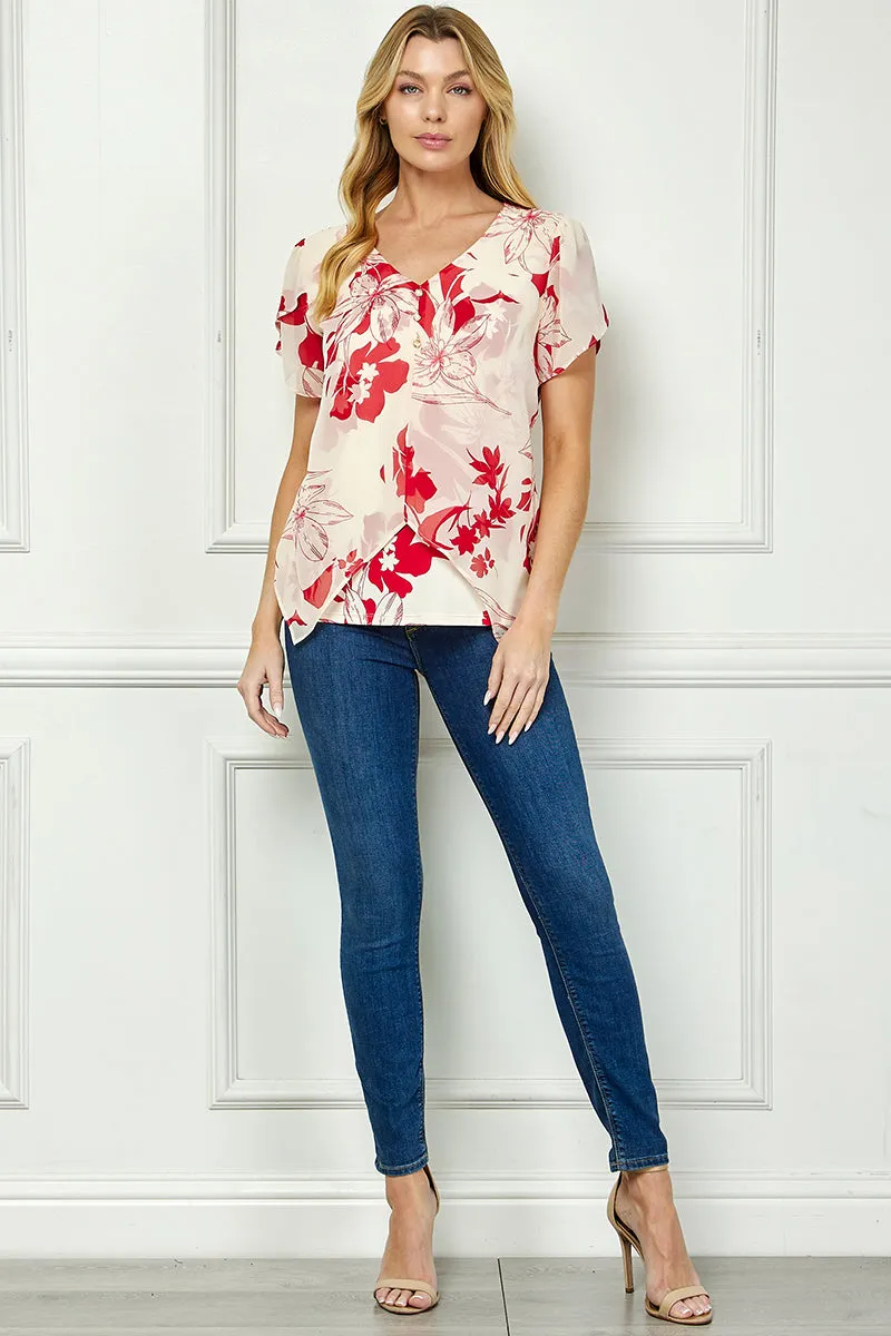 Tulip Sleeve V-Neck Layered Front Blouse in Red/Cream sold by Dress Barn