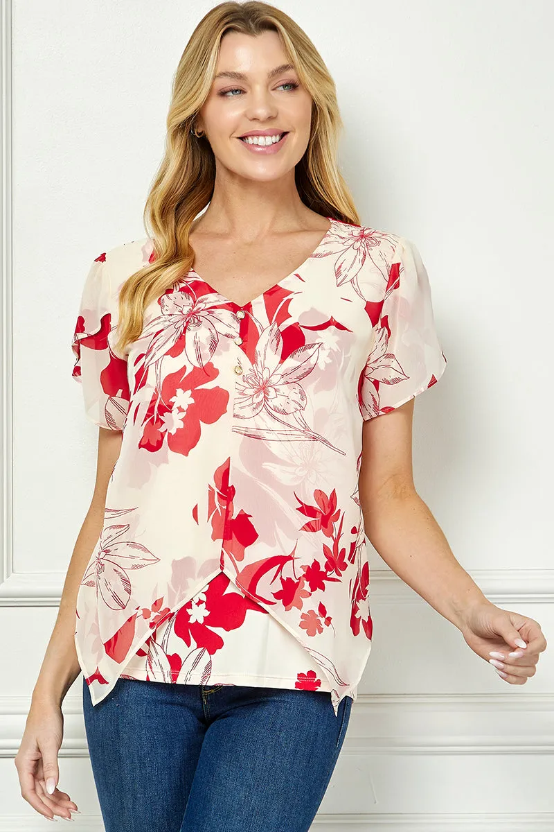 Tulip Sleeve V-Neck Layered Front Blouse in Red/Cream sold by Dress Barn product image thumbnail 2