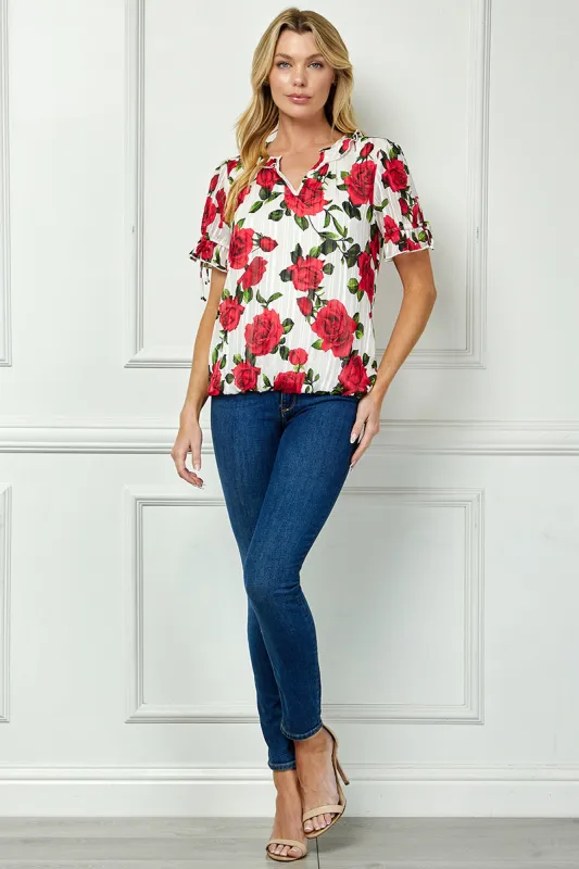 Tie Neck Ruffle Sleeve Bubble Blouse - Ivory/Red made by Dress Barn