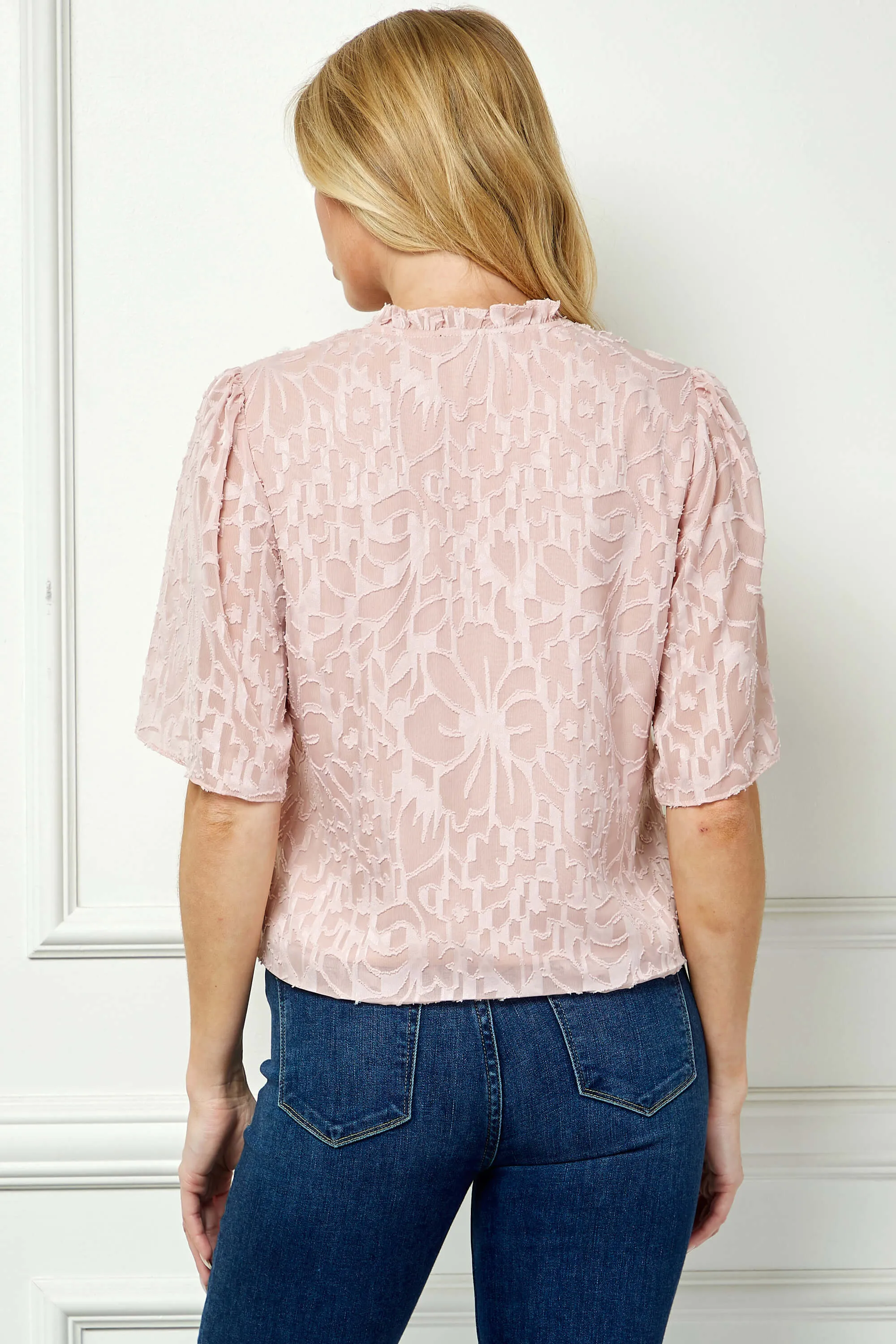 Short Sleeve V-Ruffle Neck Tie Front Blouse in Blush sold by Dress Barn product image thumbnail 4