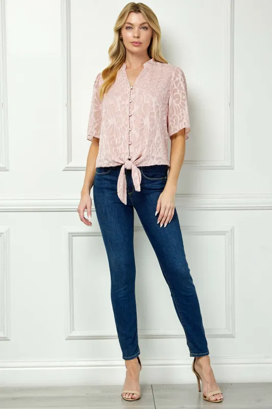 Short Sleeve V-Ruffle Neck Tie Front Blouse in Blush made by Dress Barn