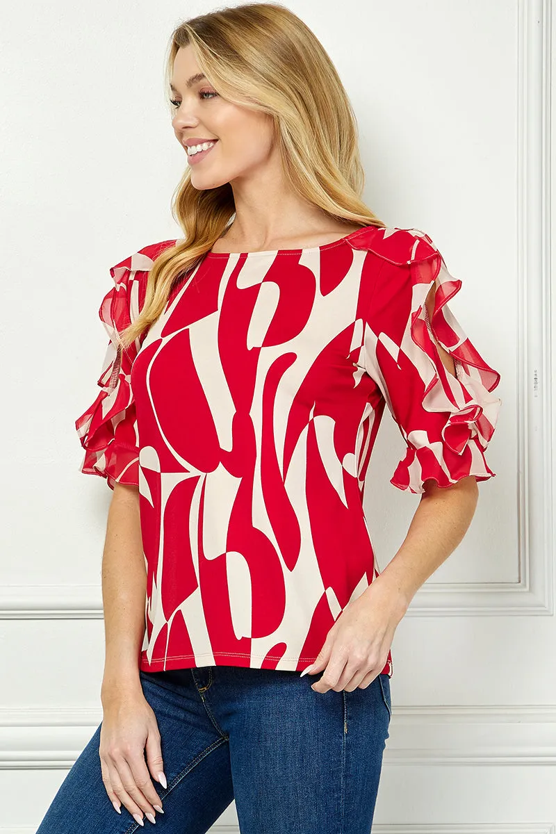 Ruffle Cold Shoulder Boat Neck Blouse in Red/Tan sold by Dress Barn product image thumbnail 3