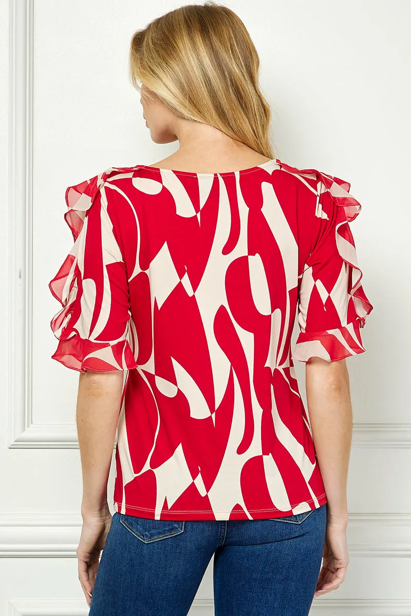 Ruffle Cold Shoulder Boat Neck Blouse in Red/Tan sold by Dress Barn product image thumbnail 4