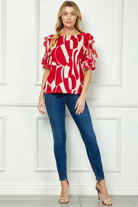 Ruffle Cold Shoulder Boat Neck Blouse in Red/Tan made by Dress Barn