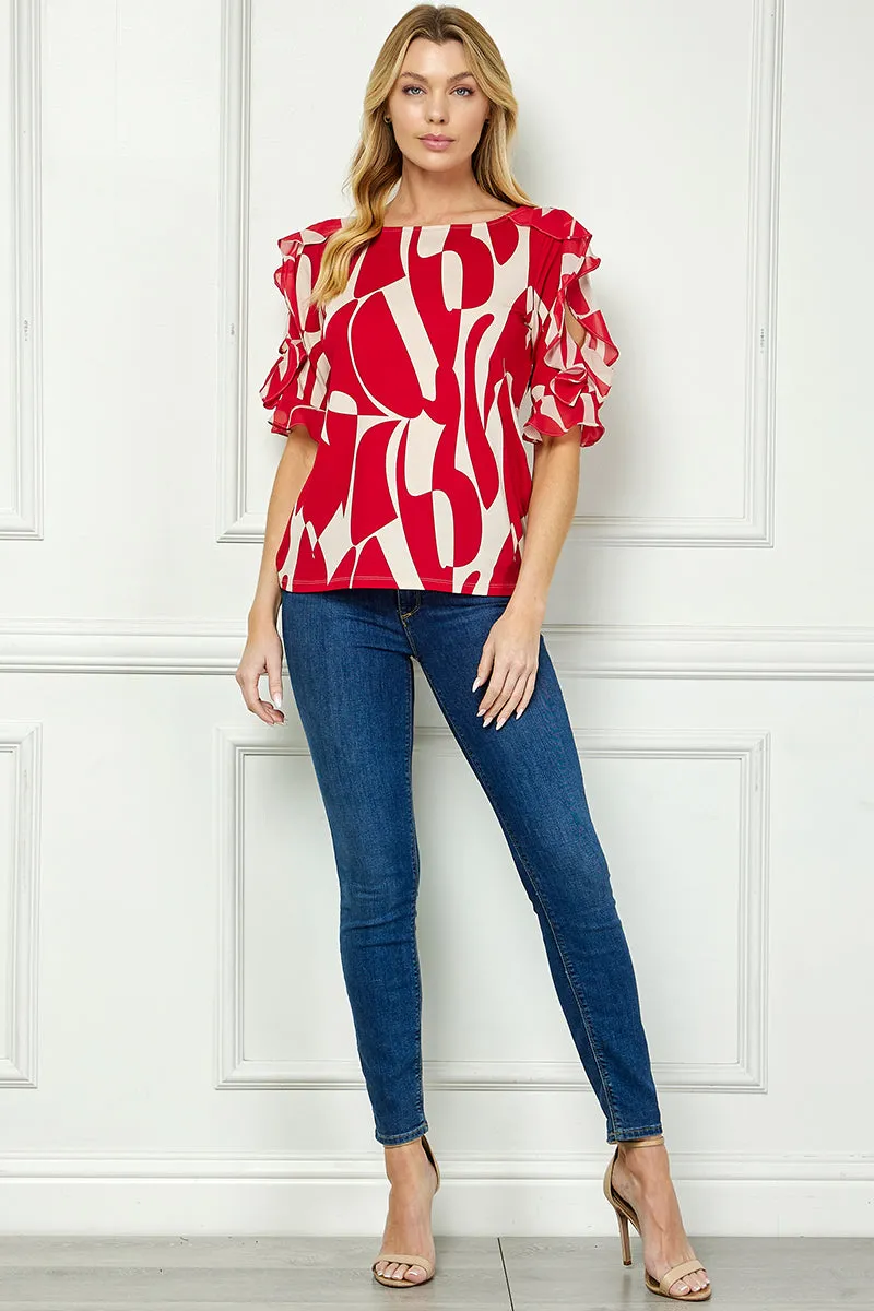 Ruffle Cold Shoulder Boat Neck Blouse in Red/Tan sold by Dress Barn