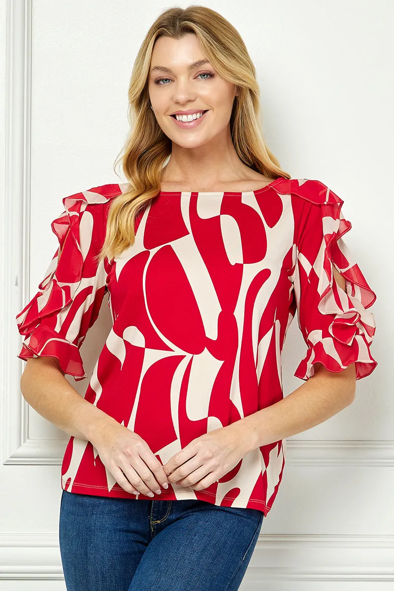 Ruffle Cold Shoulder Boat Neck Blouse in Red/Tan sold by Dress Barn product image thumbnail 2