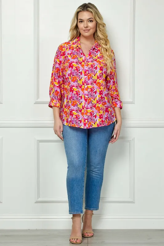 3/4 Sleeve Johnny Collar Button Front Top in Pink - Plus made by Dress Barn