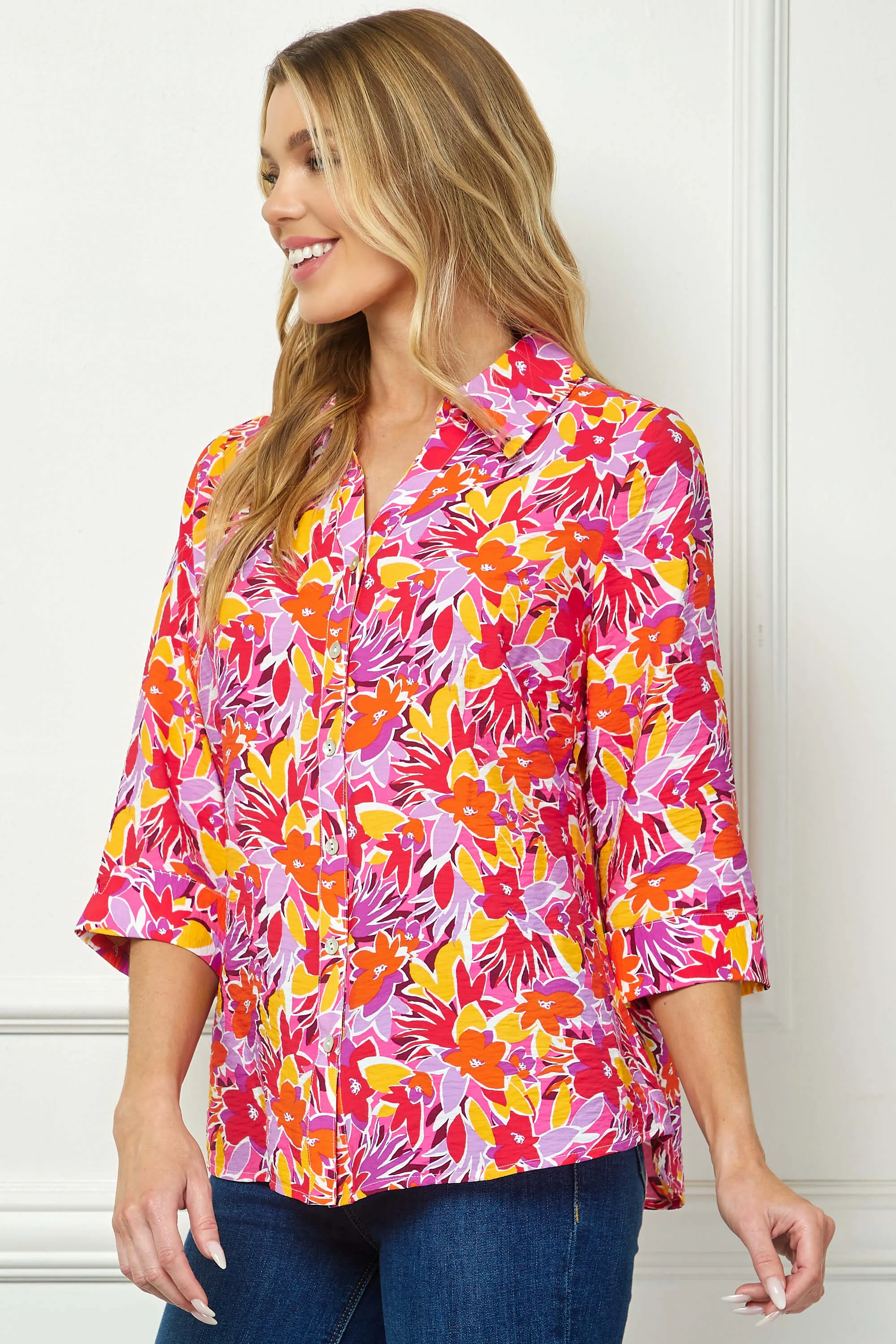 3/4 Sleeve Johnny Collar Button Front Top in Pink sold by Dress Barn product image thumbnail 3
