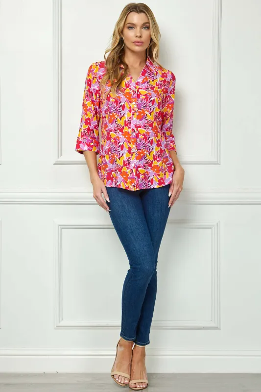 3/4 Sleeve Johnny Collar Button Front Top in Pink made by Dress Barn