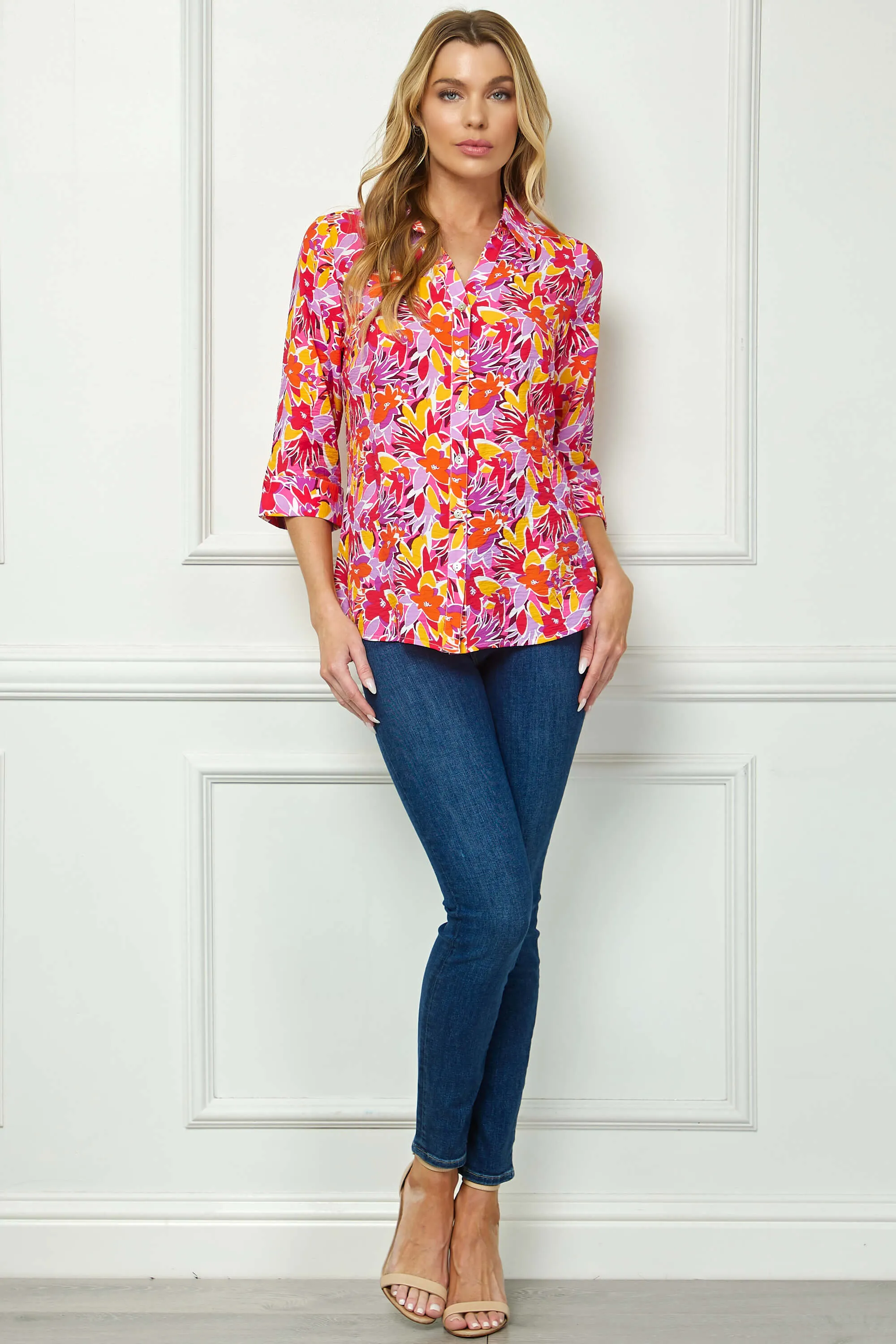 3/4 Sleeve Johnny Collar Button Front Top in Pink sold by Dress Barn