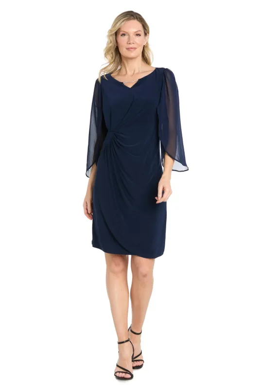 Short Jersey Dress with Tulip Chiffon Sleeve - Navy made by Dress Barn