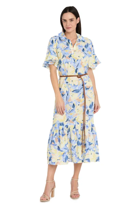 Printed Midi Shirt Dress with Bell Sleeve and Belt - Petite made by Dress Barn