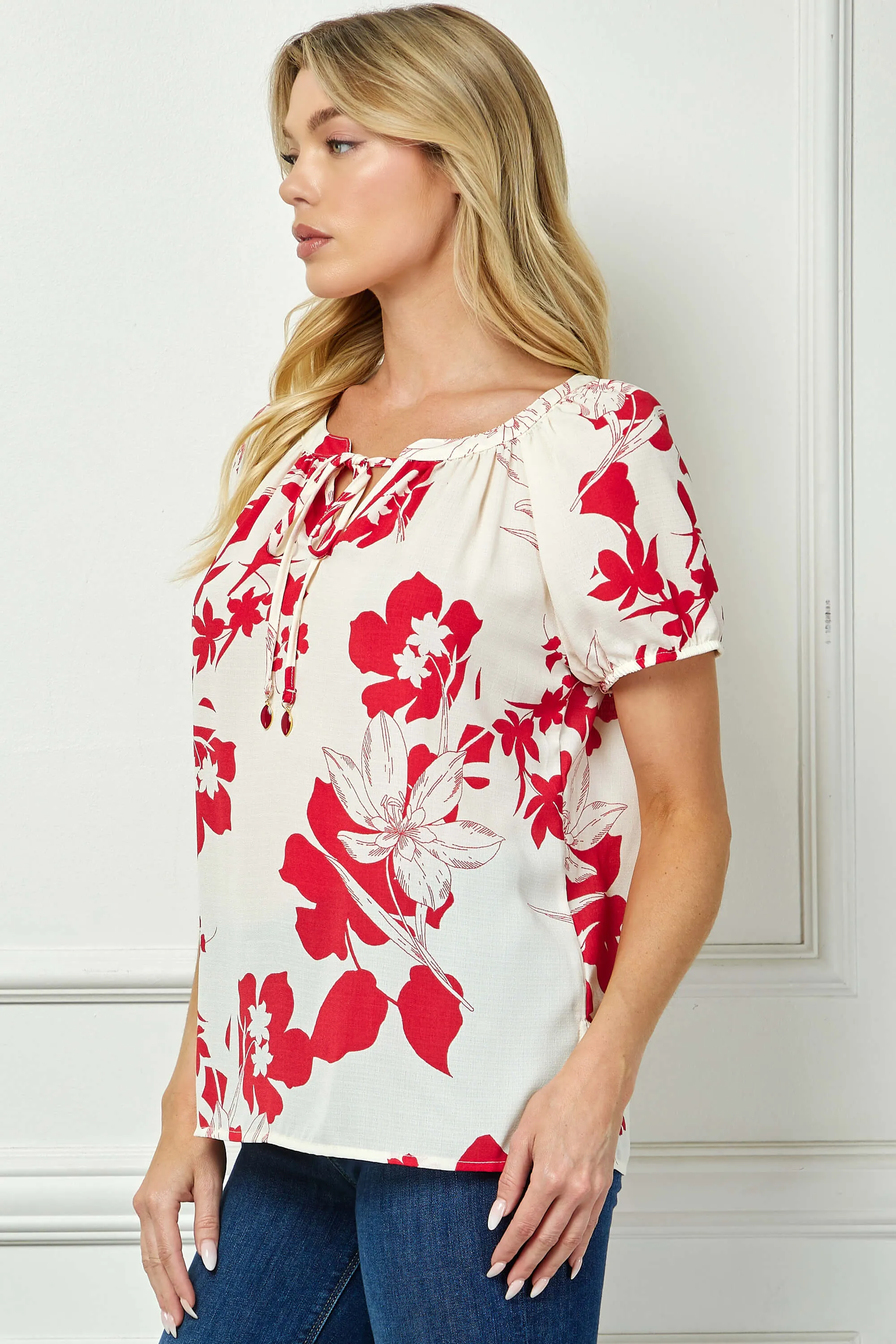 Short Sleeve Beaded Tie Neck Mandarin Collar Blouse in Red/Cream sold by Dress Barn product image thumbnail 3