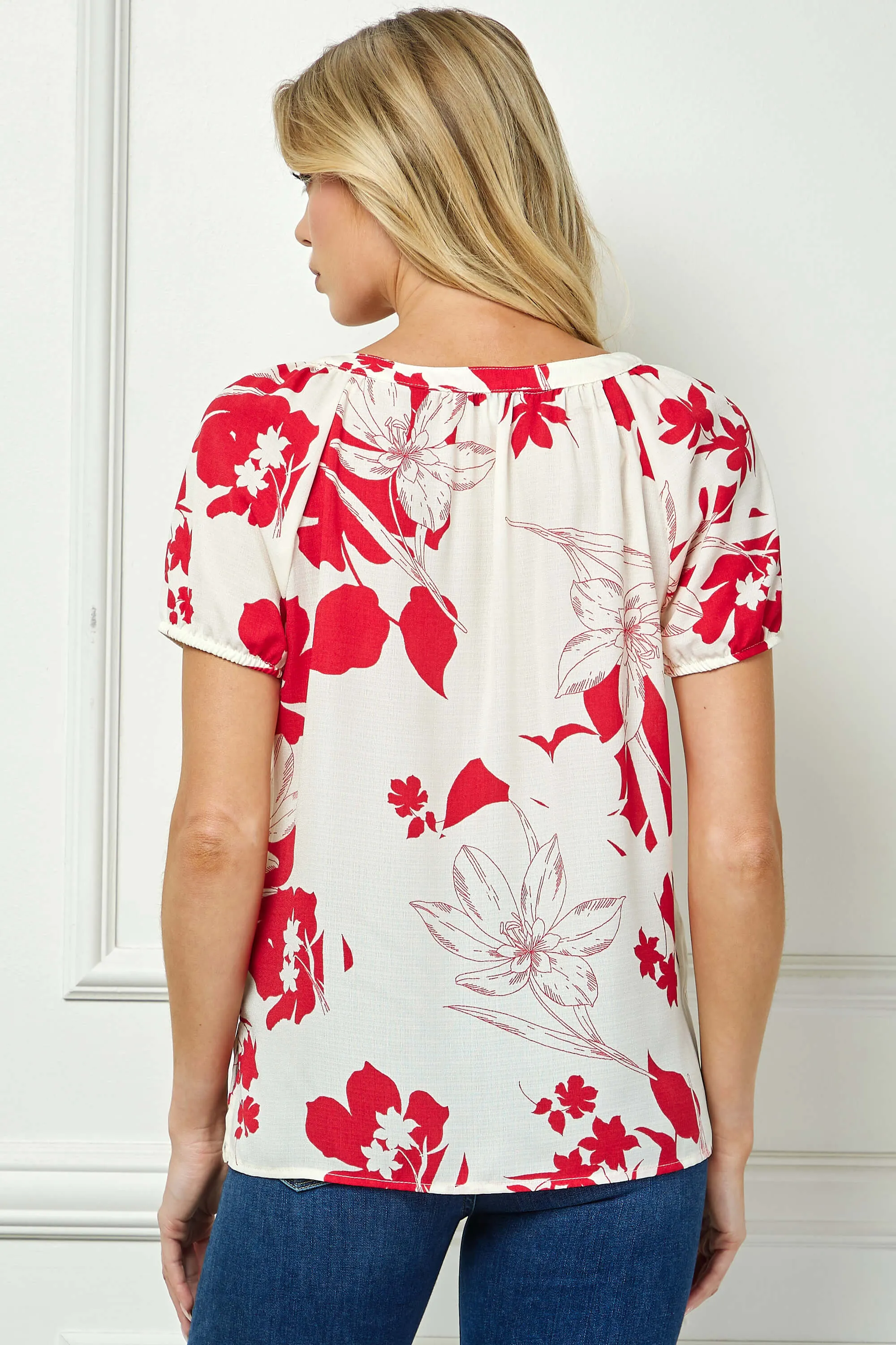 Short Sleeve Beaded Tie Neck Mandarin Collar Blouse in Red/Cream sold by Dress Barn product image thumbnail 4
