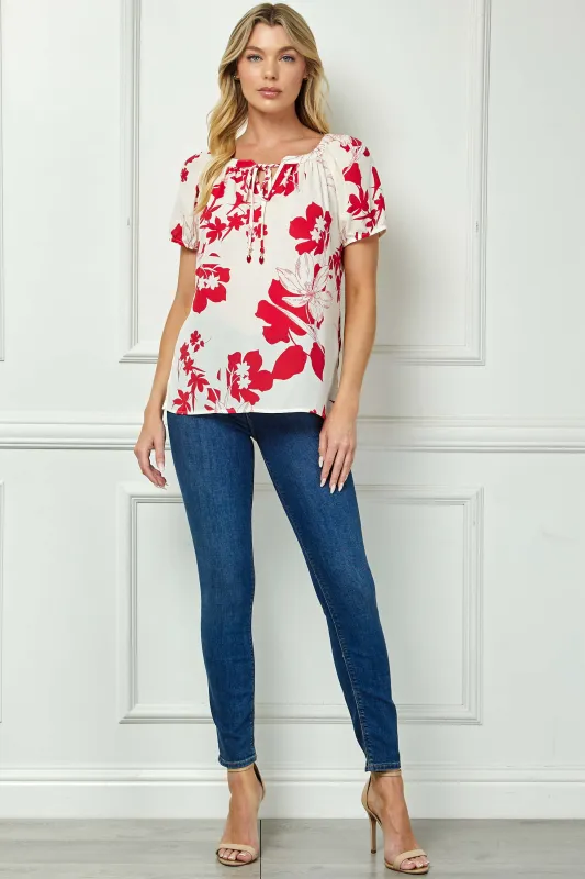 Short Sleeve Beaded Tie Neck Mandarin Collar Blouse in Red/Cream made by Dress Barn
