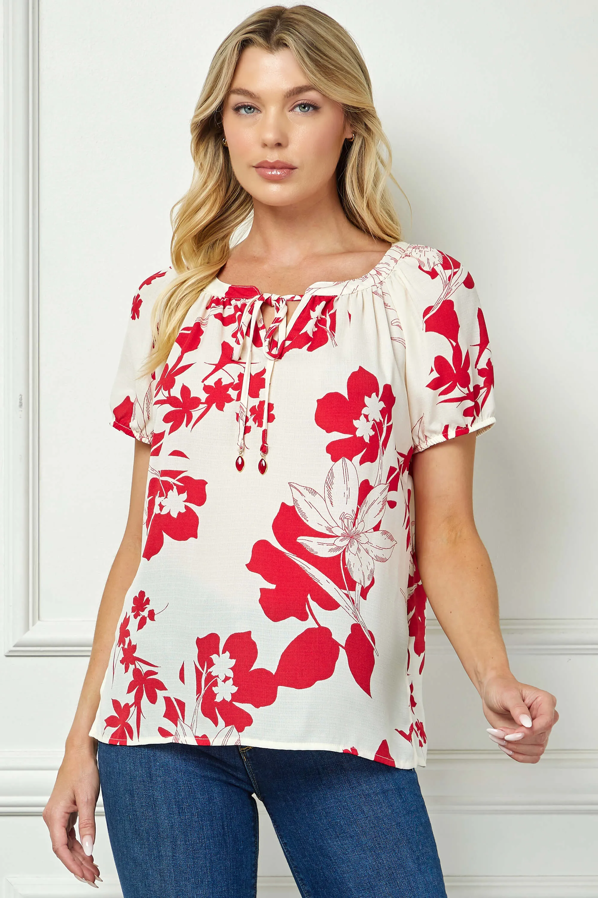 Short Sleeve Beaded Tie Neck Mandarin Collar Blouse in Red/Cream sold by Dress Barn product image thumbnail 2