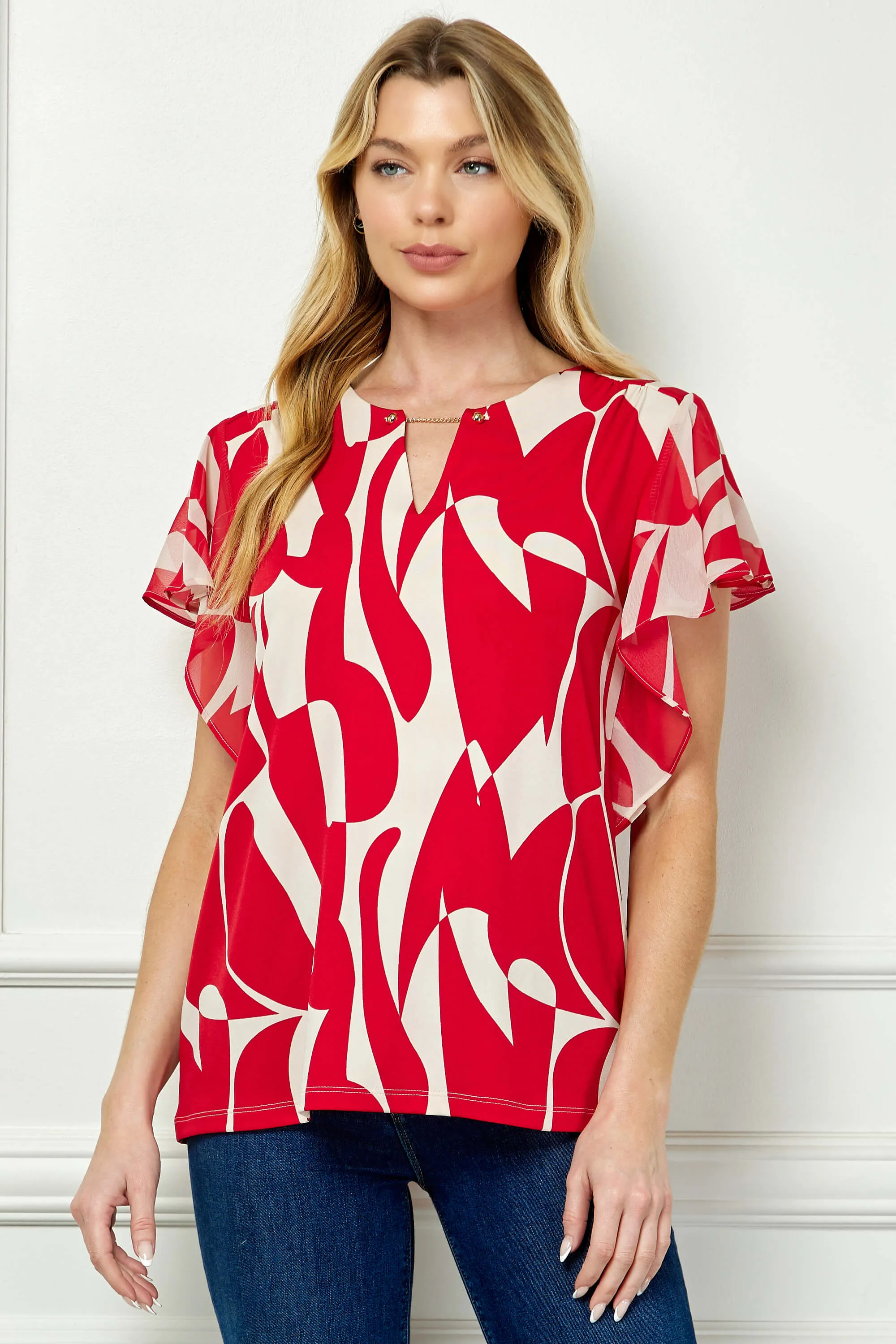 Flutter Sleeve Cutout Neck Blouse with Removable Trim in Red sold by Dress Barn product image thumbnail 2