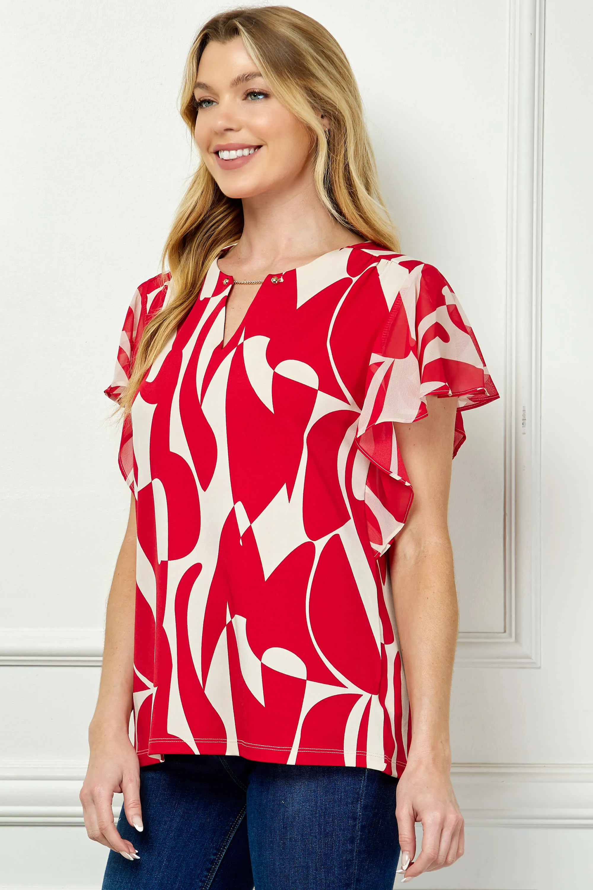 Flutter Sleeve Cutout Neck Blouse with Removable Trim in Red sold by Dress Barn product image thumbnail 3