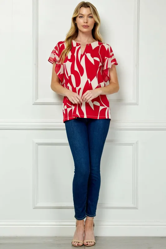 Flutter Sleeve Cutout Neck Blouse with Removable Trim in Red made by Dress Barn