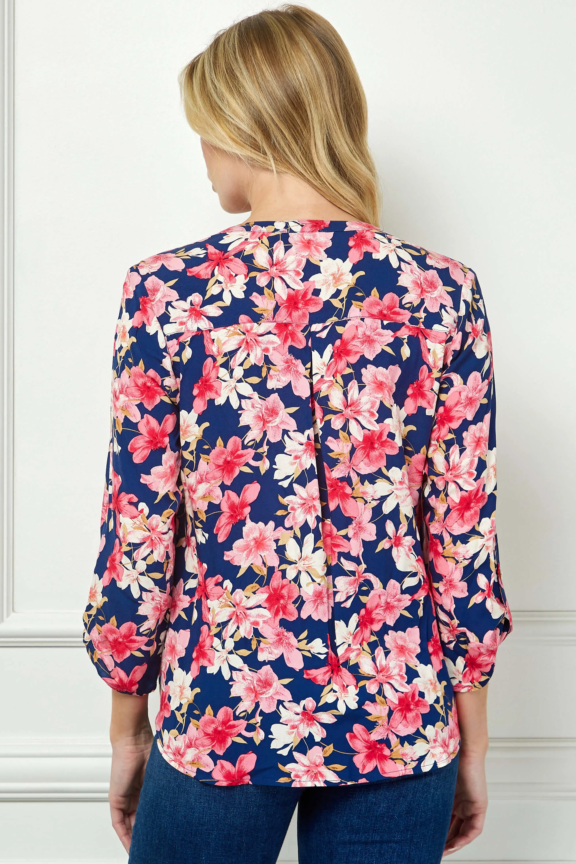 3/4 Button Tab Sleeve Pintuck Tie Front Blouse in Navy/Coral sold by Dress Barn product image thumbnail 4