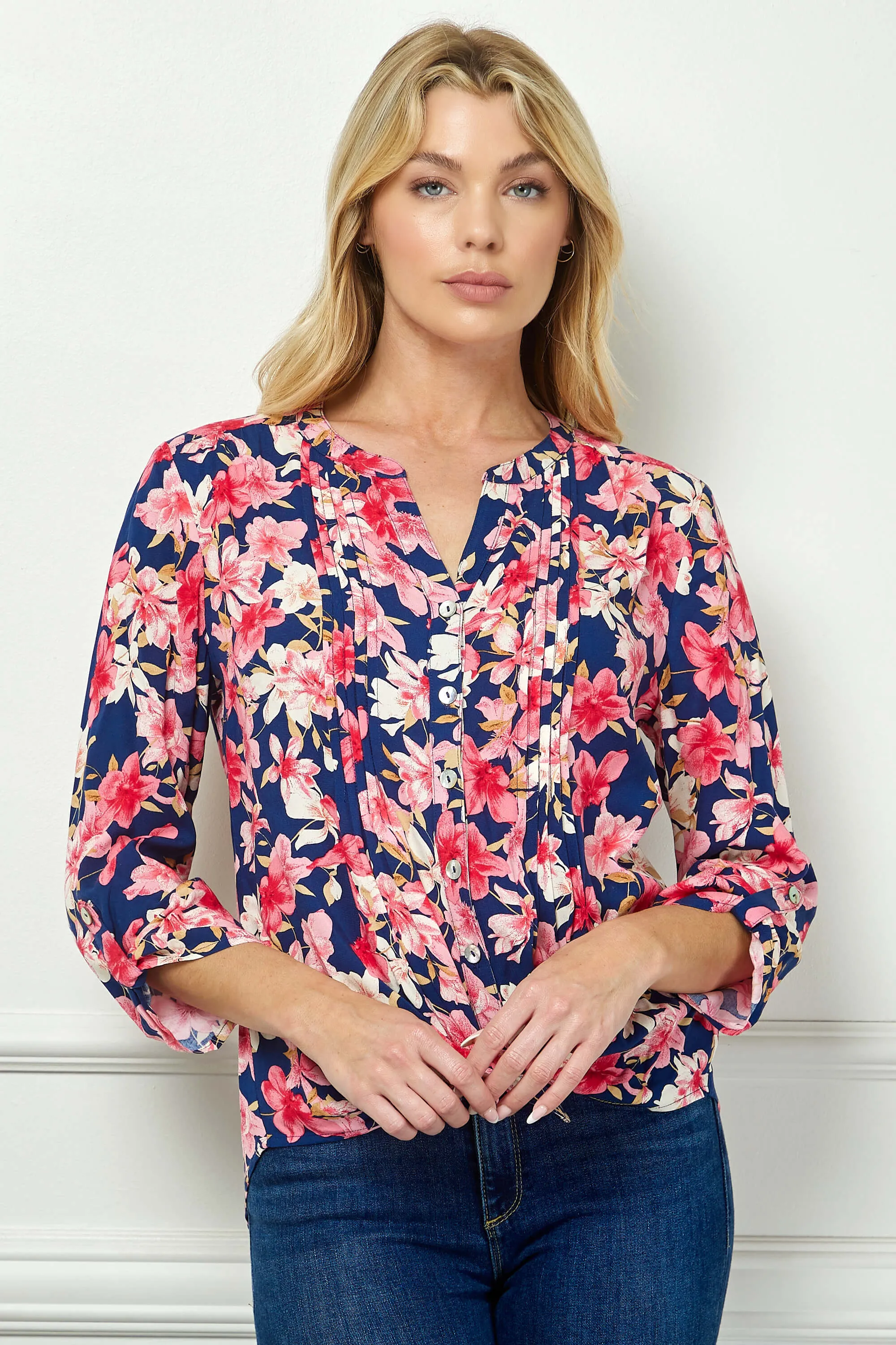 3/4 Button Tab Sleeve Pintuck Tie Front Blouse in Navy/Coral sold by Dress Barn product image thumbnail 2
