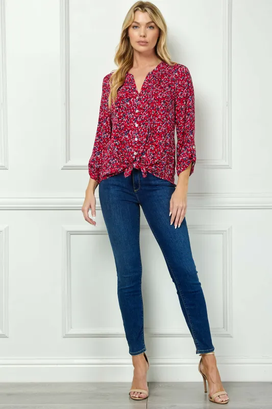 3/4 Button Tab Sleeve Pintuck Tie Front Blouse in Red made by Dress Barn