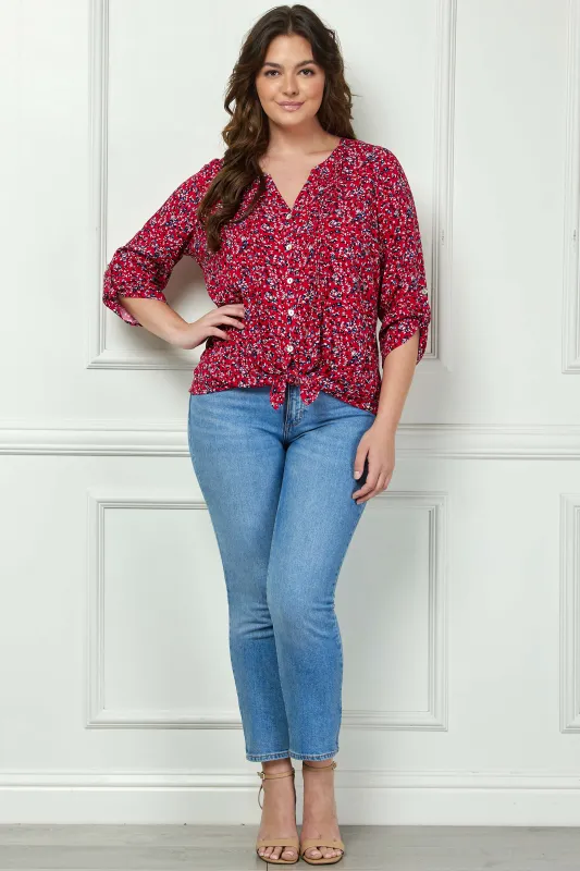 3/4 Button Tab Sleeve Pintuck Tie Front Blouse in Red - Plus made by Dress Barn