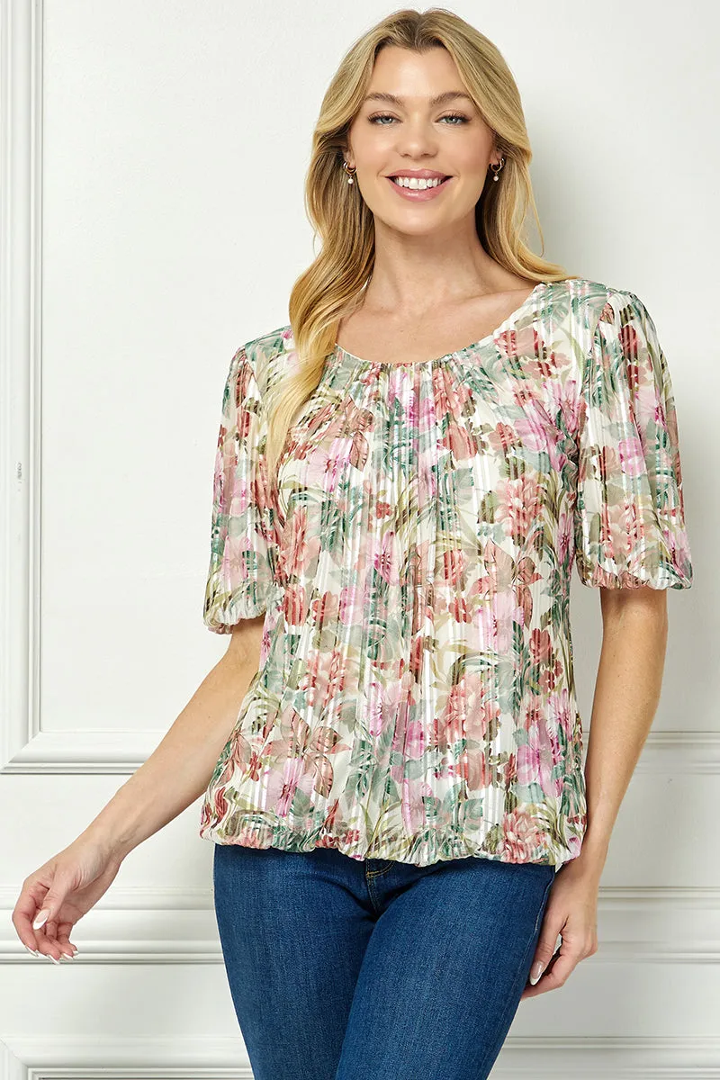 Short Puff Sleeve Pleat Scoop Neck Lined Bubble Blouse in Ivory/Olive/Rust sold by Dress Barn product image thumbnail 2