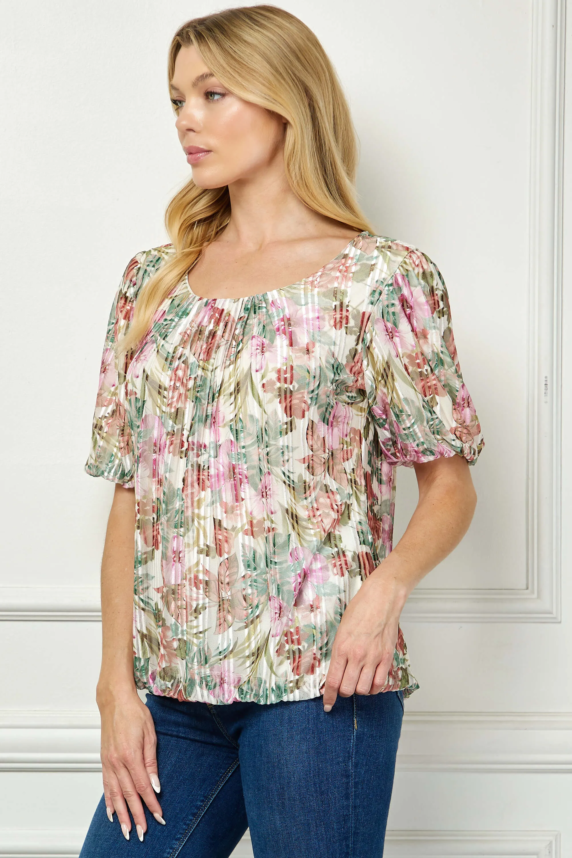 Short Puff Sleeve Pleat Scoop Neck Lined Bubble Blouse in Ivory/Olive/Rust sold by Dress Barn product image thumbnail 3