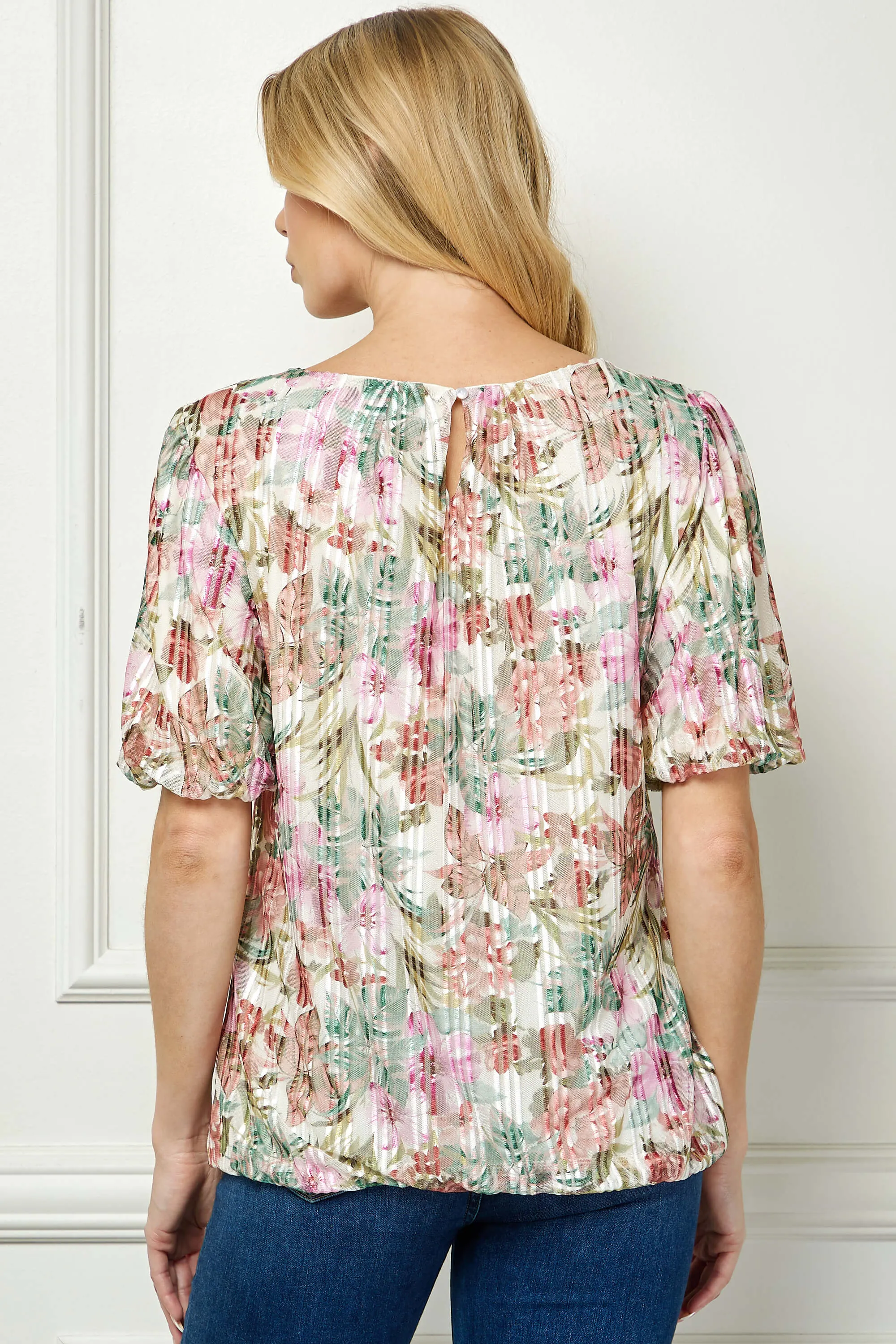 Short Puff Sleeve Pleat Scoop Neck Lined Bubble Blouse in Ivory/Olive/Rust sold by Dress Barn product image thumbnail 4