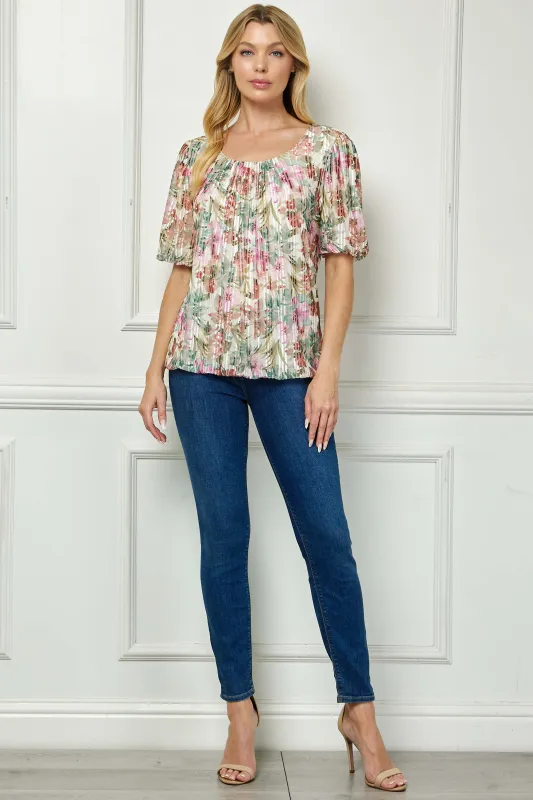 Short Puff Sleeve Pleat Scoop Neck Lined Bubble Blouse in Ivory/Olive/Rust made by Dress Barn