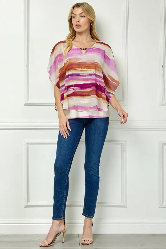 Scoop Neck Cutout Trim Poncho Top in Tan/Purple/Brown made by Dress Barn