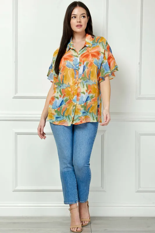 Ruffle Sleeve Button-Front Blouse in Sage/Coral/Yellow - Plus made by Dress Barn