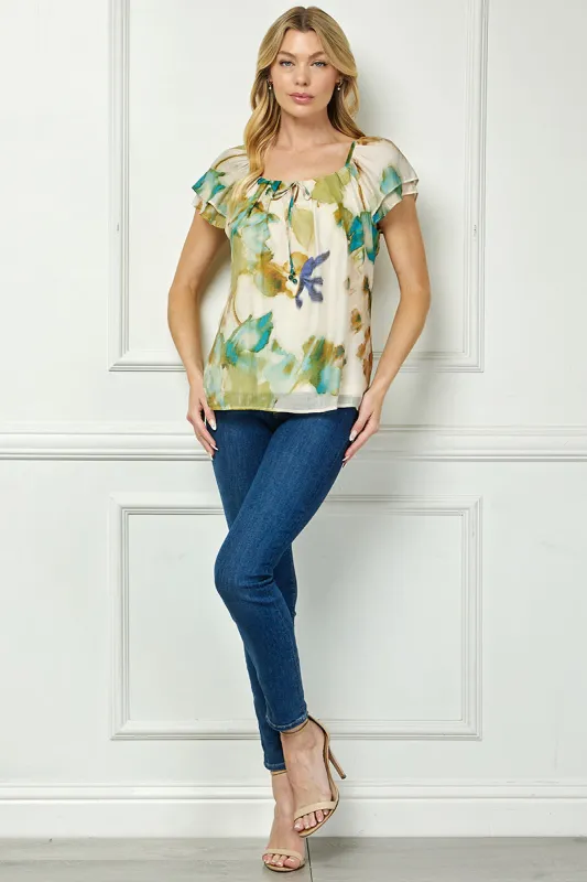 Flutter Sleeve Beaded Tie Blouse in Beige/Teal/Olive made by Dress Barn