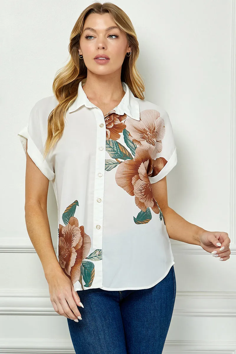 Cuff Sleeve Button-Front Print Blouse in Ivory/Brown/Green sold by Dress Barn product image thumbnail 2