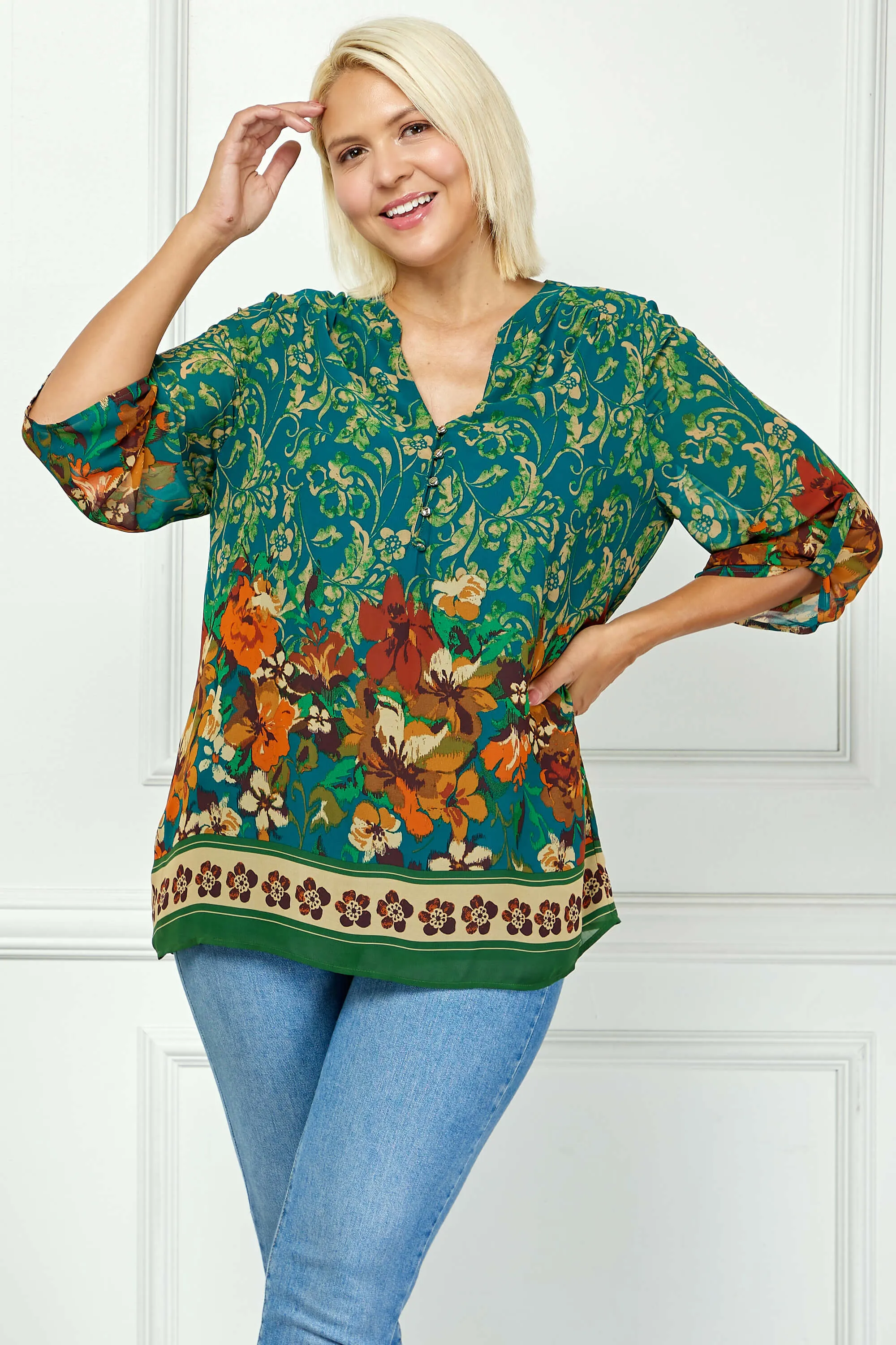 3/4 Tab Sleeve Mandarin Collar Print Blouse in Teal/Orange - Plus sold by Dress Barn product image thumbnail 2